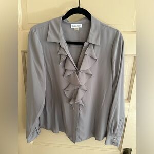 Grey ruffle Calvin Klein blouse. NWOT. Size PL.
